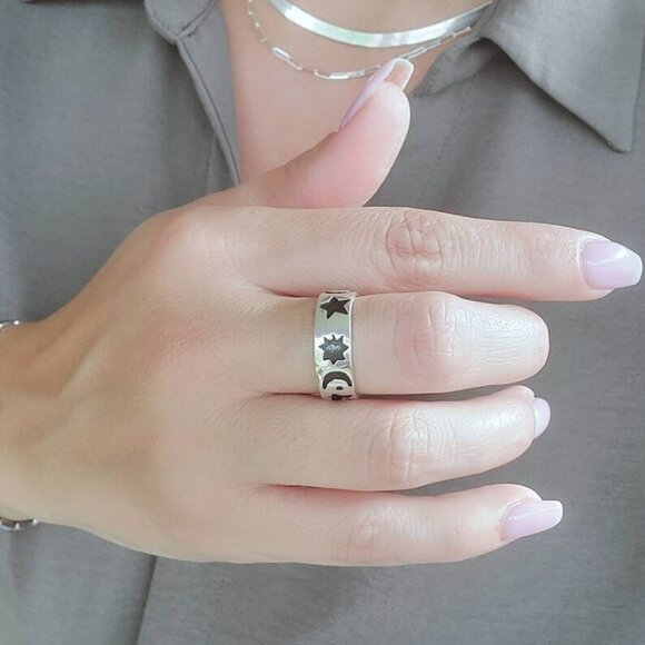 Moon Star Ring Band, Celestial Ring, Crescent Ring, Sterling Silver Women Ring, - Picture 6 of 9
